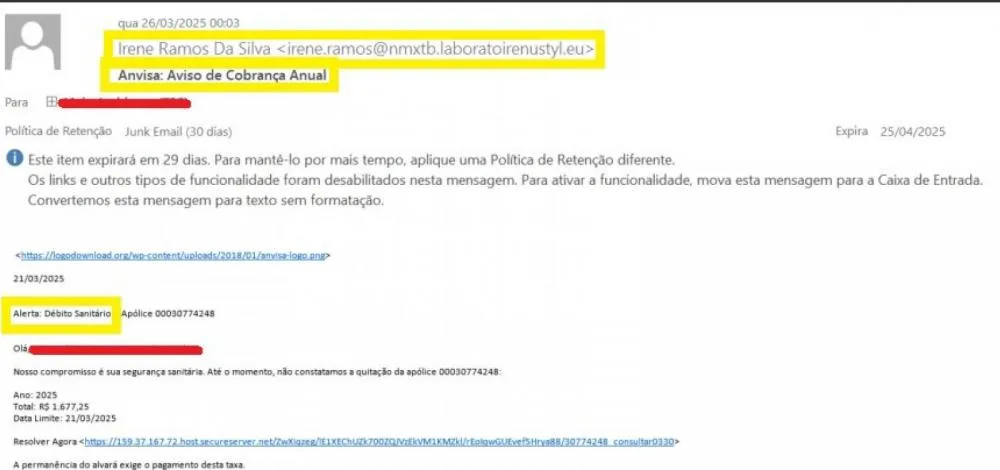 Anvisa alerta para tentativa de golpe com falsa cobrança por e-mail