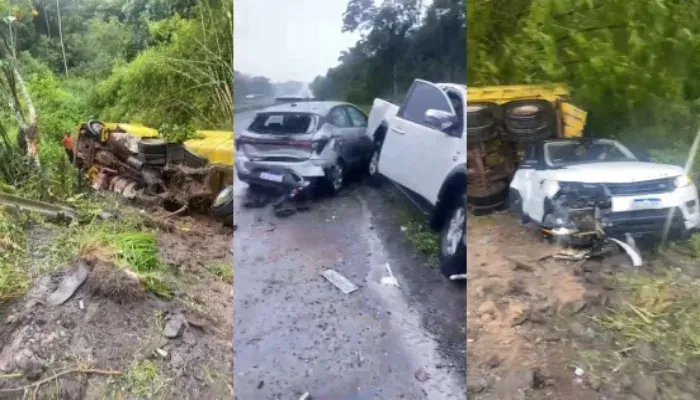 Carreta cai em ribanceira e causa engavetamento de 8 carros na 324 