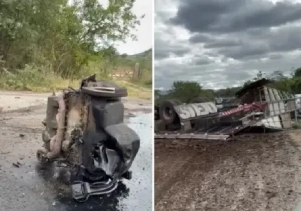 Grave acidente deixa caminhões destruídos na BR-324