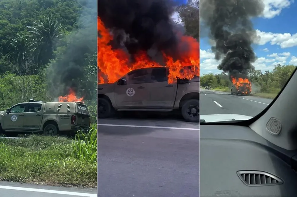 Viatura da Polícia Militar pega fogo na BR-324, em São Sebastião do Passé