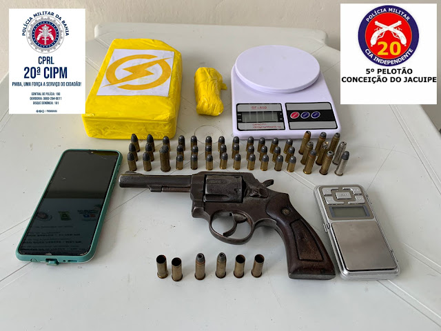 Suspeito de tráfico troca tiros com a PM em Conceição do Jacuípe. Arma de fogo e drogas foram apreendidas.