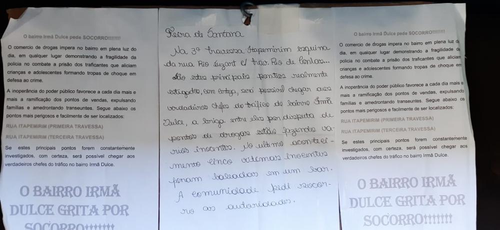 Em carta, moradores do Irmã Dulce denunciam problema do tráfico de drogas no bairro