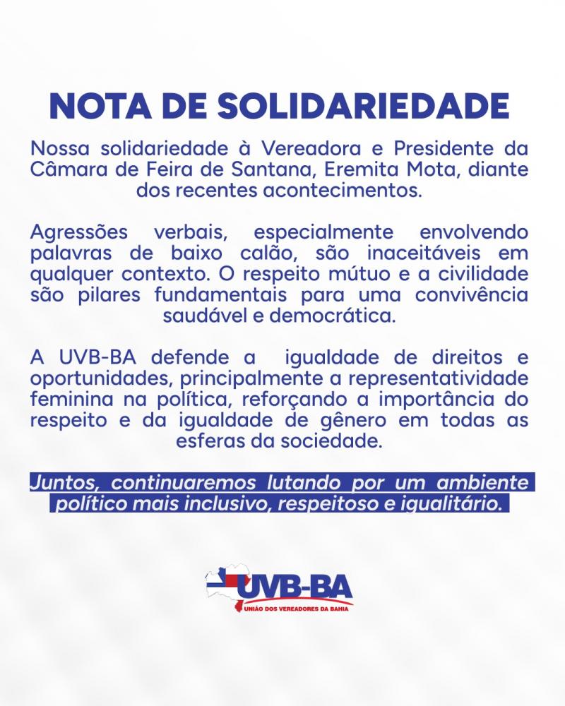 UVB-BA repudia agressões à presidente da Câmara de Feira de Santana, Eremita Mota
