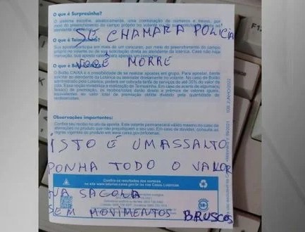 Ladrão usa bilhete de jogo para anunciar assalto em casa lotérica