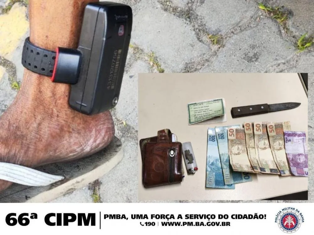 Homem com tornozeleira e armado com faca é preso pela Polícia Militar