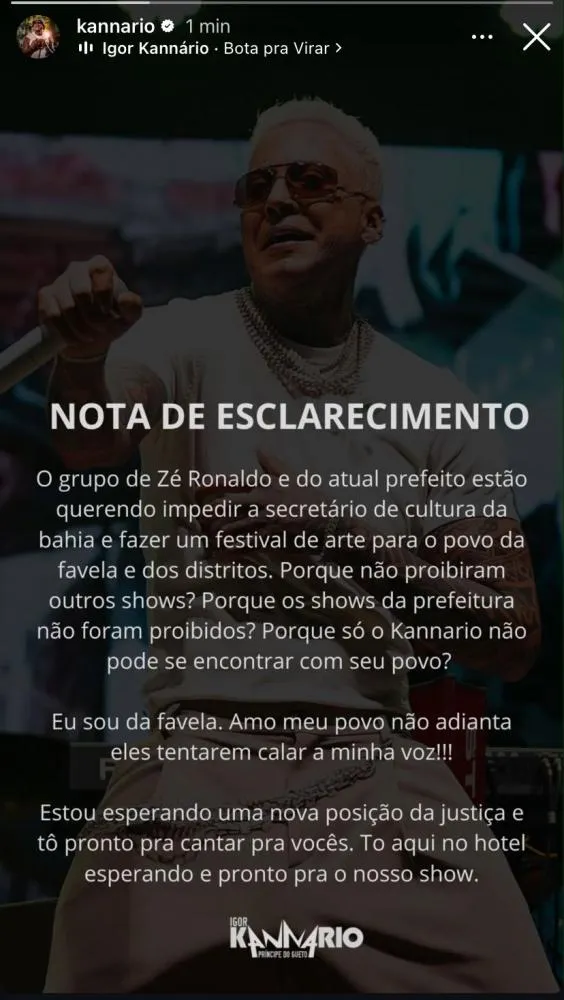 Igor Kannário critica decisão judicial que cancelou show em Feira de Santana