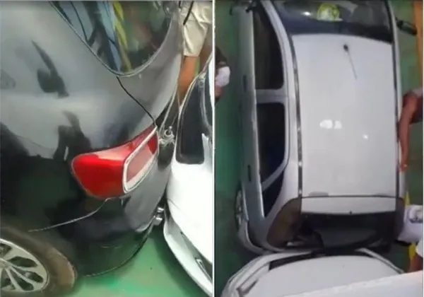 Motorista perde controle de carro em ferry boat e causa engavetamento